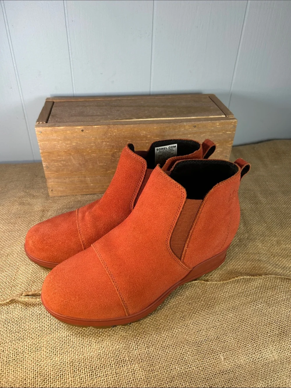 Sorel Orange Suede Chelsea Wedge Booties